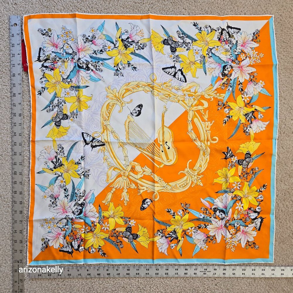 NWT Silk Scarf Hand Rolled Floral Violin Butterflies